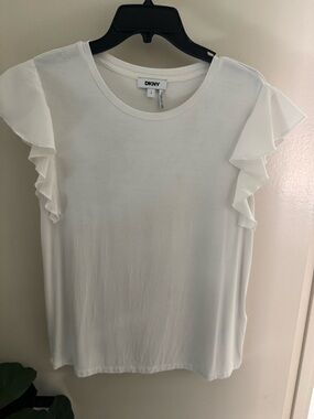 DKNY Creamy Ruffle Sleeve Short Sleeve Knit Top